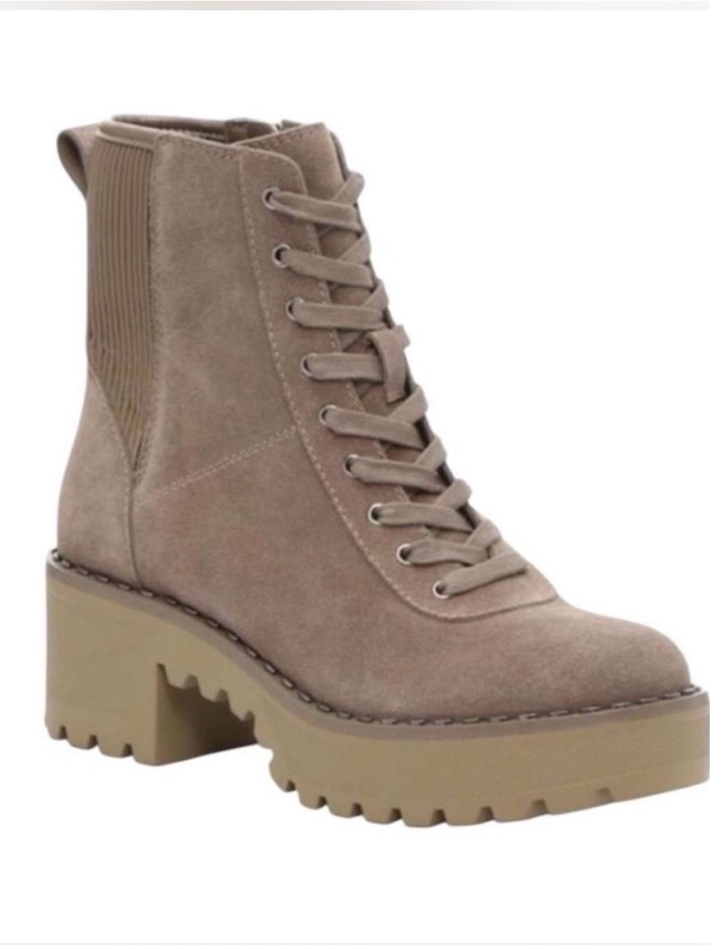 Vince Camuto Mabrela Taupe Suede Lace-Up Platform Combat Boot
